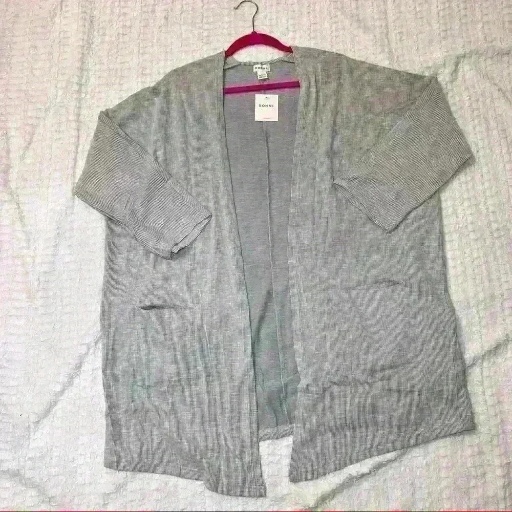 Anthro. DONNI Ribbed Open Front Cardigan Osfa Women Double Pockets Gray NWT